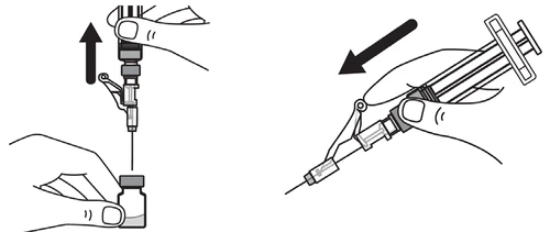 Technical drawing showing two steps: a hand lifting the syringe from a vial and subsequent handling