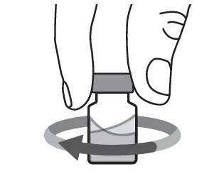 A hand holding a glass vial while a circular arrow indicates rotational movement around the container