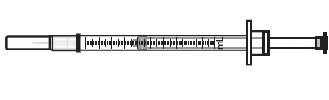 Black and white technical drawing of a horizontal syringe with milliliter graduation scale and removable plunger