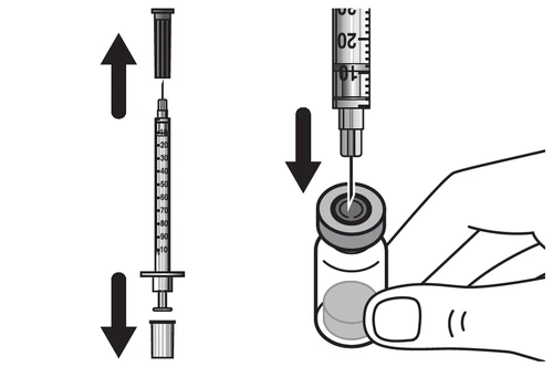 Diagram showing how to separate the syringe and insert the needle into the vial