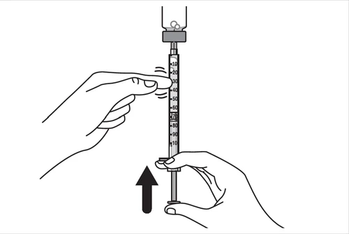 Two hands operating a syringe with a needle connected to a vial while a black arrow indicates downward movement
