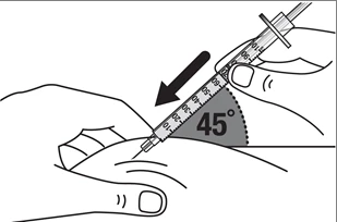 A hand holding a syringe angled at 45 degrees while preparing for injection