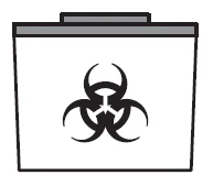 Black icon of a biohazard waste container with the biohazard symbol centered on a white background