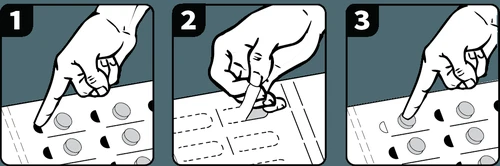 Tre illustrazioni numerate mostrano una mano che preme con l'indice su una pillola in un blister per estrarla o separarla dal supporto