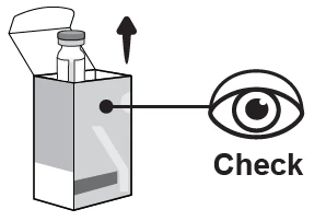 Schematic drawing of a vial inside an open box with an arrow pointing toward the
