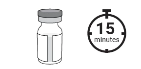 Stylized drawing of a medicine vial next to a circular timer with the text '15 minutes' on the