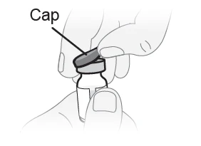 Two hands holding a glass vial with a finger removing the top cap indicated by the label 'Cap'