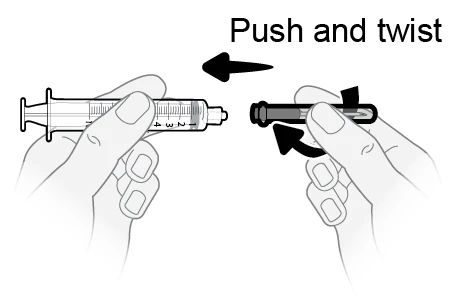Two hands assembling a syringe and cap by pushing and rotating as indicated by black arrows and text