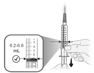 Detail of a syringe with a magnified view showing the liquid level between 6.2 and 6.8 ml indicated by a checkmark