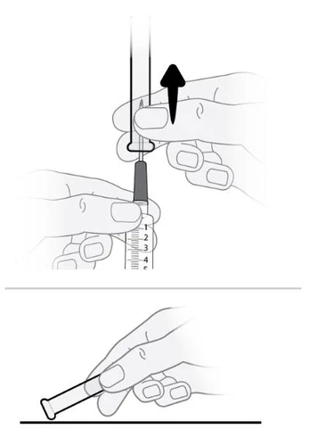 Two drawings show hands holding a syringe for the