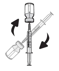 Diagram showing a syringe being inserted into a glass vial with curved arrows indicating rotational movement
