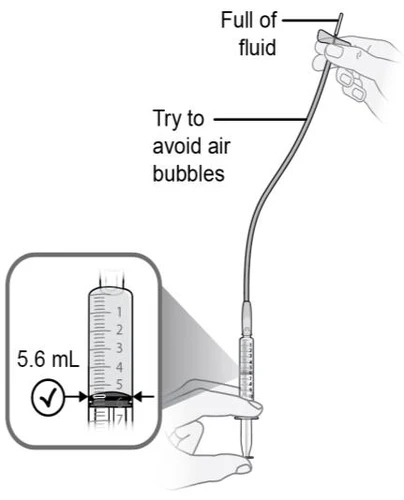 Medical schematic showing a hand holding a tube filled with liquid and a syringe containing 5.6 ml of medication without air bubbles