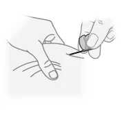 Line drawing of two hands using tweezers to manipulate a small object or fragment on a skin surface with folds