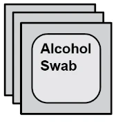 Three overlapping gray square packets with black text 'Alcohol Swab' on a central white panel with rounded corners