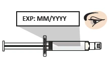 Diagram of a syringe with a box indicating expiration date EXP MM/YYYY and a detail of a human eye beside it