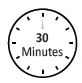 Circular icon of a stylized clock with hand pointing toward the