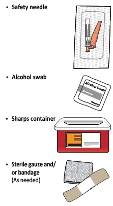 Illustration of a safety needle, alcohol wipe, sharps container, and sterile gauze with adhesive bandage
