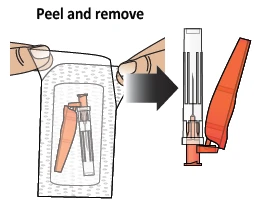 Two hands peeling off a white protective cover to reveal a transparent syringe with an orange cap indicated by a black arrow
