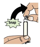 Two hands holding a syringe while an upper part is removed with a snapping motion indicated by a black arrow and the word 'Snap'