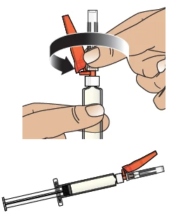 Hands rotating an orange protective cap on a syringe connected to a glass vial, showing syringe ready with liquid inside