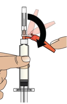 Two hands rotating an orange cap on a syringe with needle to attach the upper part to the underlying glass vial