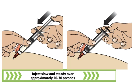 Two illustrations show hands inserting a syringe into the skin with a black arrow indicating downward pressure