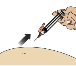 One hand holds a syringe with needle pointing downward and a black arrow indicates the injection movement toward the skin of the