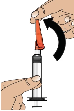 One hand holds a transparent syringe while the