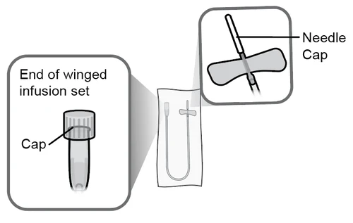 Diagram of a winged infusion set with close-ups showing the device cap and the cap of the