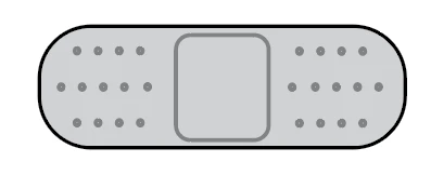 Stylized drawing of a gray adhesive bandage with a central panel and three rows of small dark dots arranged symmetrically on both sides
