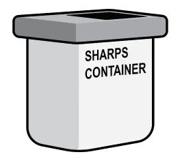 White container for sharp objects with gray lid and black text 'SHARPS CONTAINER' on the front side
