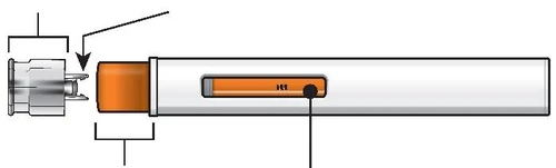 Diagramma tecnico di un dispositivo medico che mostra l'innesto di una testina grigia su un corpo cilindrico bianco con finestra di controllo arancione