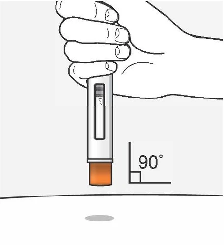Una mano impugna un dispositivo medico cilindrico posizionato verticalmente a 90 gradi rispetto alla superficie della pelle per l'iniezione