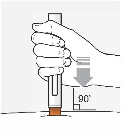 Una mano impugna una penna iniettiva per inserirla verticalmente sulla pelle con un angolo di 90 gradi indicato da una freccia verso il basso