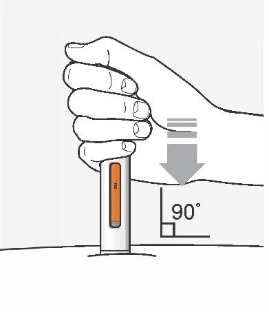 Disegno lineare di una mano che impugna un dispositivo medico e lo preme verticalmente a 90 gradi sulla pelle con una freccia verso il basso
