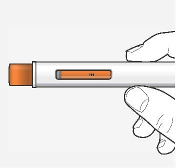 Una mano tiene orizzontalmente un dispositivo medico cilindrico bianco con un inserto arancione centrale su sfondo grigio chiaro