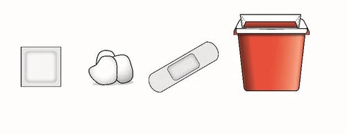 Disegno di un quadratino bianco, due pillole bianche, un cerotto rettangolare e un contenitore rosso con coperchio trasparente