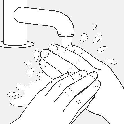 Disegno in bianco e nero che mostra due mani che si lavano sotto il getto d'acqua di un rubinetto con spruzzi d'acqua intorno