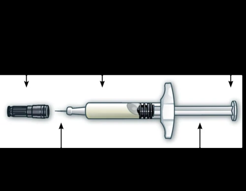 Diagram of a syringe with black arrows indicating the different parts of the medical device such as the