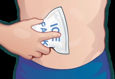 A hand holding a white ice pack with the label 'ICE PACK' applied to the