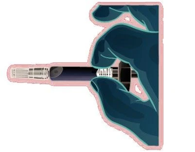 Medical diagram showing a cross-section of a medical device penetrating dark biological tissue with a pink outline