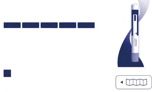 Dispositivo médico en forma de pluma blanca y azul colocada verticalmente junto a un gráfico de onda azul sobre fondo blanco