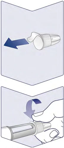 Ilustración médica que muestra la retirada de una tapa protectora blanca con una flecha azul y la rotación de un dispositivo con una mano y una flecha curva