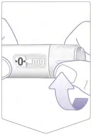 Una mano sostiene un dispositivo médico cilíndrico con una flecha curva que indica el movimiento de rotación hacia arriba