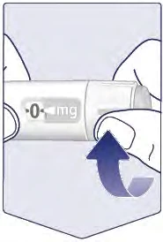 Dos manos sostienen un dispositivo médico blanco con indicación 0 mg y una flecha azul curva que indica un movimiento hacia arriba
