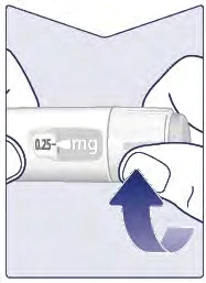 Дві руки тримають білий медичний пристрій з позначкою 0.25 mg, викривлена синя стрілка вказує на обертальний рух