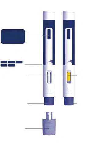 Diagrama técnico de un dispositivo médico en forma de pluma con componentes resaltados mediante líneas que indican partes azules, blancas y un depósito amarillo