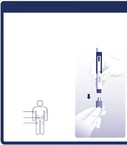 Diagrama médico que muestra una mano sosteniendo una pluma inyectora encima de un