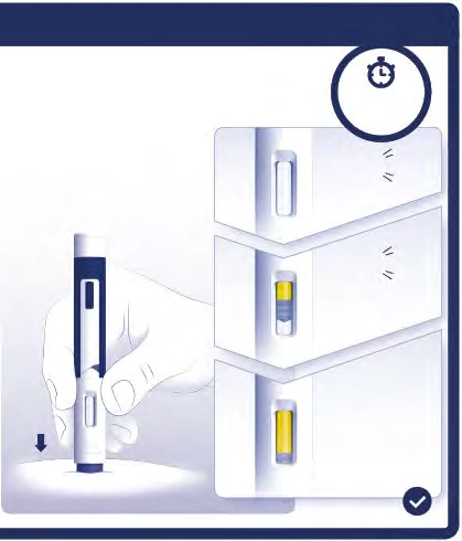 Ilustración médica que muestra una mano sosteniendo un dispositivo de inyección y tres primeros planos de la ventana transparente con líquido amarillo