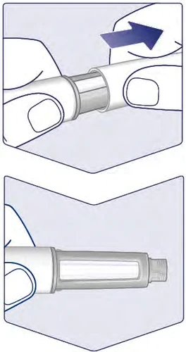 Dos ilustraciones muestran manos sosteniendo un dispositivo médico cilíndrico blanco para retirar o insertar un componente con una flecha azul